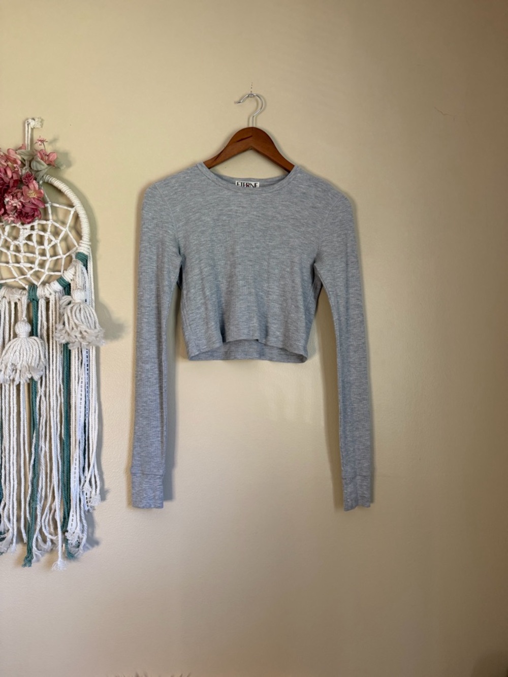 Eterne Gray Cropped Long Sleeve Crew Neck Knit Top Size Small
